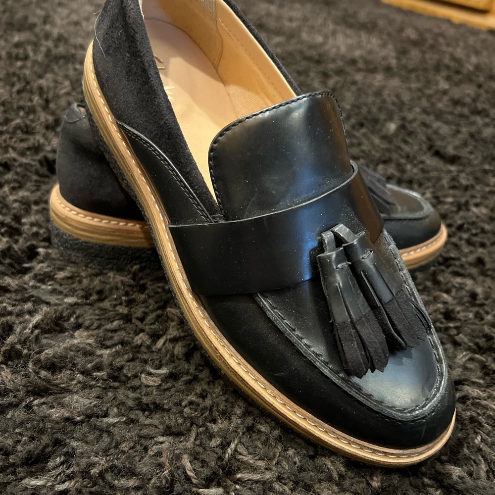 Clarks Black Leather Tassel Loafers